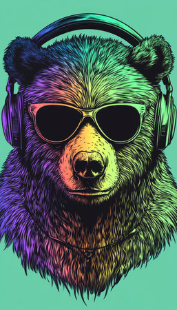 Colorful Neon Style Portrait of Bear with Headphones and Sunglasses, Isolated on Teal Backgroundの素材