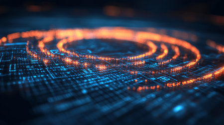 Abstract Technology Background, Blue And Orange Digital Cyberspace With Glowing Particles Ringの素材