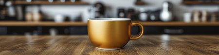 Stylish Gold Coffee Mug on Rustic Wooden Table with Blurred Kitchen Interior Backgroundの素材