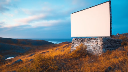 Blank Billboard On A Stone Foundation Against A Scenic Ocean And Mountain View , Advertising Mockupの素材