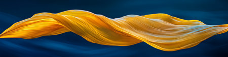 Graceful Flowing Yellow Fabric on Blue, A Captivating Abstract Display of Movement and Colorの素材