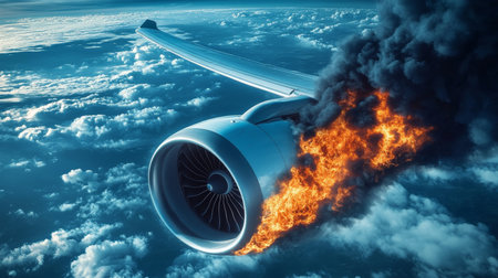 Airplane Engine Fire in Sky - Disaster, accident concept. Travel insurance needed. 3D Renderingの素材