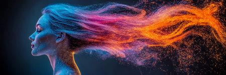 Profile of Woman with Flowing Colorful Particles in Hair. Concept of Duality, Creativityの素材