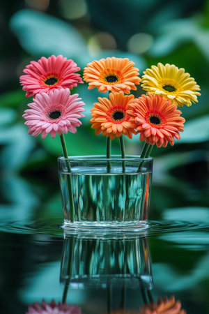 Colorful gerbera flowers in a glass of water on a reflective surface, creating a serene atmosphere.の素材