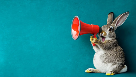 Cute Bunny Rabbit Holding Red Megaphone On Blue Background. Advertising, Announcement Concept.の素材