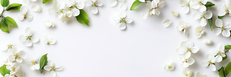 Beautiful Spring Floral Frame with Delicate White Apple Blossoms, Green Leaves, and Copy Spaceの素材