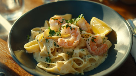 Shrimp Scampi Pasta A Delicious Bowl of Fettuccine with Herbs, Lemon, and Succulent Shrimpの素材