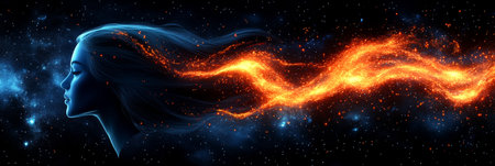 Woman Profile With Flowing Light Particles, Cosmic Nebula Background, Artistic Abstract Portraitの素材