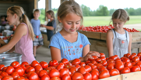 Red Plenty. Little Girls Choosing Perfect Red Tomatoes at Local Farmers Market On Sunny Summer Dayの素材