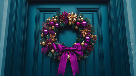 Christmas Cheer Festive Wreath with Purple Accents Adorns a Navy Door. High-Quality Holiday Photo.の素材