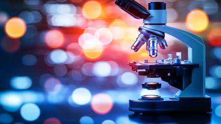 Scientific Research with Microscope, Slides, and Bokeh Background featuring a Clean Area for Textの素材