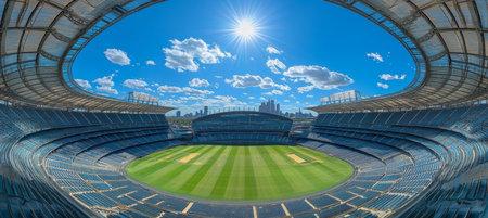 Panoramic View Modern Sports Stadium Bathed in Sunlight, Lush Green Playing Field Awaitsの素材