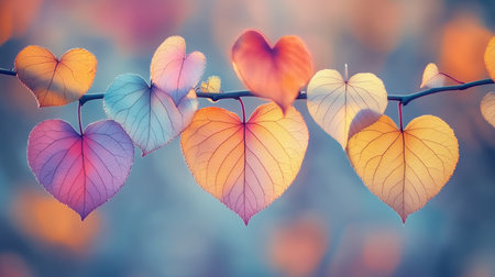 Multicolored Heart-Shaped Autumn Leaves on Branch, Bokeh Background, Romantic Nature Background.の素材
