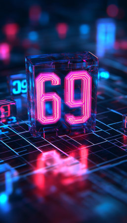 Glowing 3D Number 69 Render, Futuristic Digital Space Illustration With Neon Light, Digital Artの素材