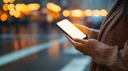 Woman Holding Smartphone with Blank Screen, Evening City Street, Mockup for App or Websiteの素材