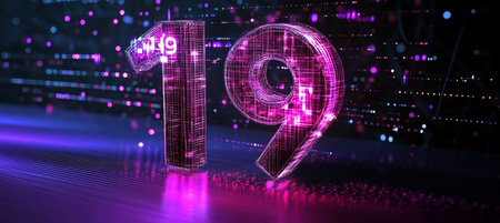 Glowing Digital Single Big 3D Number 19 In Futuristic Style On Digital Abstract Backgroundの素材