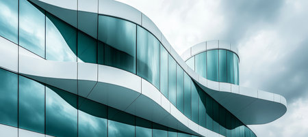 Modern Architectural Design Curving Glass Facade Under Cloudy Sky, Abstract Building Exteriorの素材