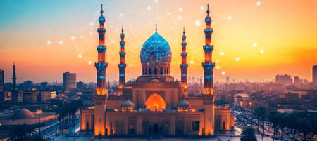 Al-Hakim Mosque with Futuristic Network Connection at Sunset, Islamic Architecture, Cairo, Egyptの素材