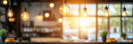 Empty Caf Interior With Warm Lighting, Intentional Blur, Rustic Decorations, and Copy Space.の素材