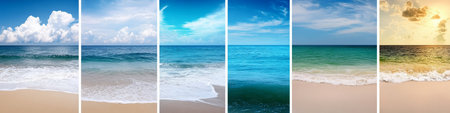 Collage of summer tropical beach, sea, ocean, blue sky with white clouds backgrounds.の素材