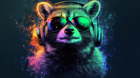 Neon Party Animal Cool Raccoon DJ with Headphones and Sunglasses, Vibrant Colorful Portrait.の素材