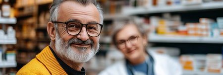 Senior Pharmacist Helping Patient With Prescription , Pharmacy Drugstore Interior Background.の素材