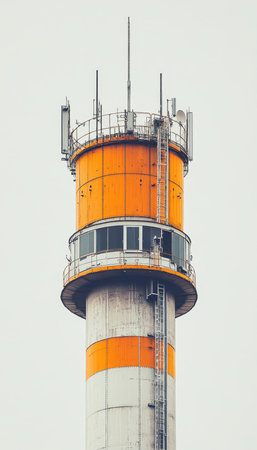 Isolated Concrete and Steel Telecommunications Tower with a Circular Platform and Orange Accentsの素材