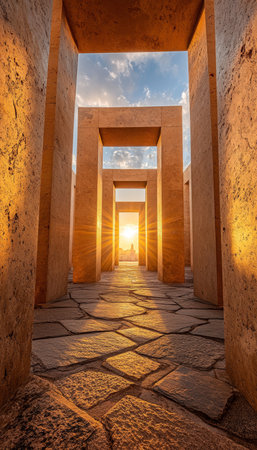 Golden Light Through Stone Archway Tranquility, Architecture, Perspective, Symmetry, Designの素材