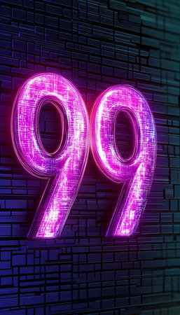 Glowing Neon Number 99 on Dark Brick Wall, Futuristic Purple and Blue Cyberpunk Design Elementの素材