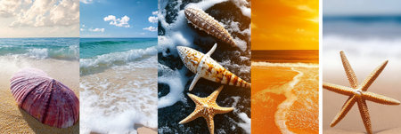 Collage Of Summer Seascapes With Various Seashells On Sandy Beaches, Travel And Vacation Conceptの素材