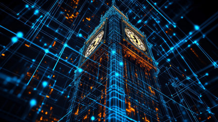 Iconic Clock Tower Encased in Futuristic Blue Network Digital Age Transformation of Historyの素材