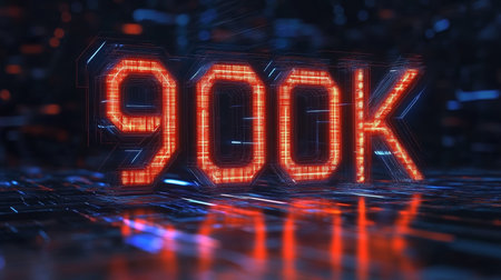 Glowing Digital Number 900K on a Futuristic Technology Abstract Background, Digital Transformation.の素材