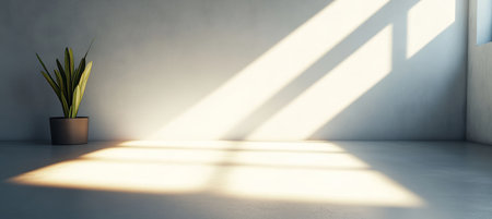 White minimalist room illuminated by bright daylight shining through window, shadows and plant.の素材
