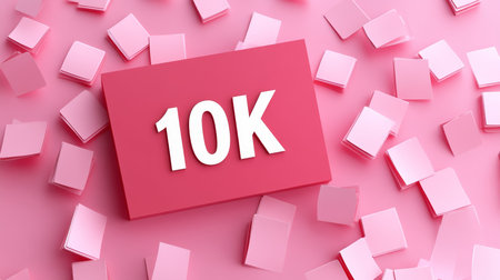 Red Card Celebrating a 10K Milestone, Surrounded by Pink Paper Notes on a Pink Backgroundの素材