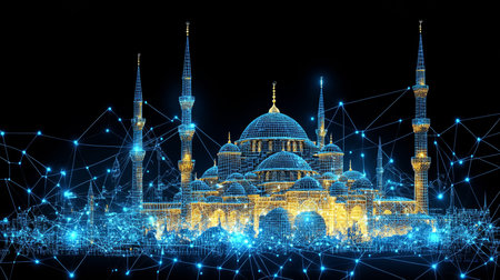 Digital Mosque Outline in Blue Futuristic Network, Blending Technology and Spirituality Conceptの素材