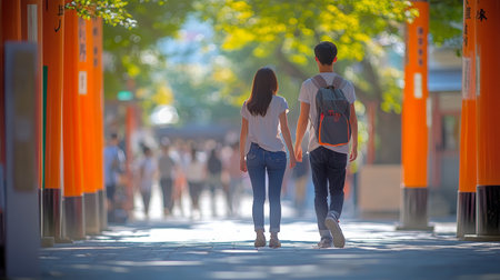 Couple Walking Through Famed Terace, Constructed. Of Thousands, Vibrant Red Torii Gates, Shintoの素材