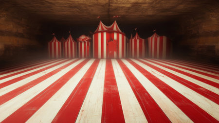 Vintage Circus Tent Stage with Striped Floor, Eerie Atmosphere, Empty Big Top Interiorの素材