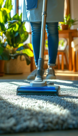 Woman in jeans and apron using a canister vacuum cleaner to clean the carpet in a sun.lit roomの素材