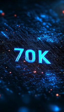 Futuristic Glowing 3D Number 70K On Digital Circuit Background, Big Data Technology Conceptの素材