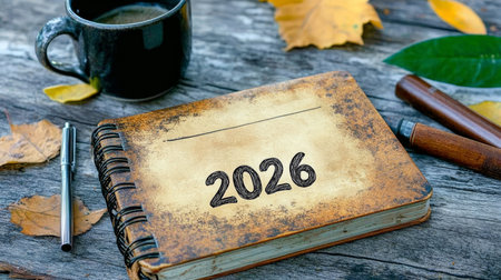 Planning for 2026, Cozy Autumn Flat Lay with Notepad and Pen on Rustic Wood Backgroundの素材