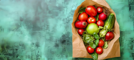 Fresh Organic Vegetables in a Brown Paper Bag on Green Background, Healthy Eating Concept, Top Viewの素材