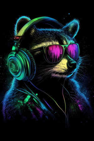 Neon Party Animal Raccoon DJ with Headphones and Sunglasses on Black Background, Cool Illustrationの素材