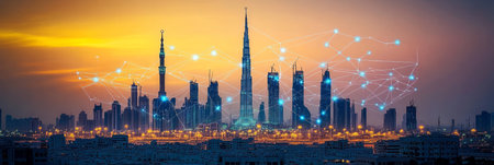 Dubai Skyline at Sunset with Network Connection, Modern Cityscape and Technology Conceptの素材