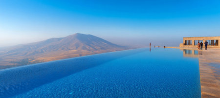 Luxurious infinity pool overlooking vast desert landscapes and majestic mountain range.の素材