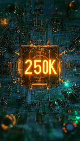 Glowing Digital 3D Number 250K on a Futuristic Background, Abstract Technology Conceptの素材