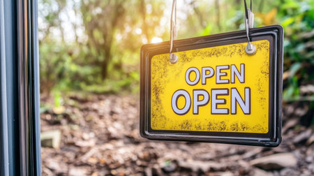 Open, Open Bright Yellow Business Sign Welcomes Customers to Tranquil Forest Settingの素材