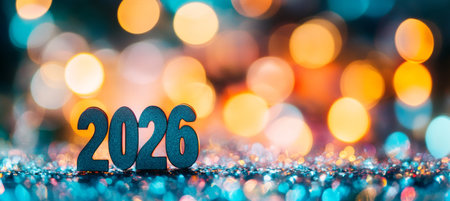 2026 New Year Celebration Banner Wooden Numbers on Sparkling Background with Golden Bokeh Lightsの素材