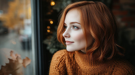 Pensive Redhead Woman in Cozy Sweater, Autumn Atmosphere, Cafe Life, Contemplative Momentの素材