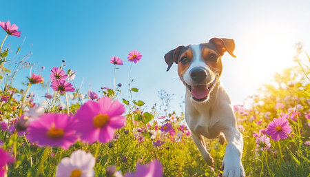 Happy Dog Running Through a Field of Flowers, Ideal for Pet Care and Nature Themed Contentの素材