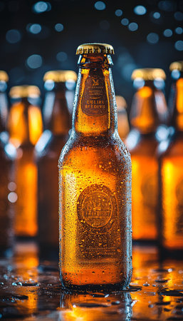 Ice Cold Amber Glass Beer Bottle, Studio Product Shot On Dark Background With Condensationの素材
